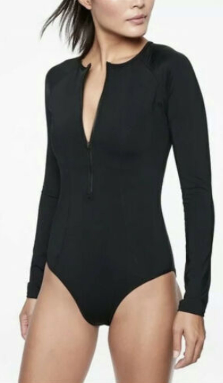 Athleta XS black Cortes long sleeve black one piece swimsuit quick dry rashguard